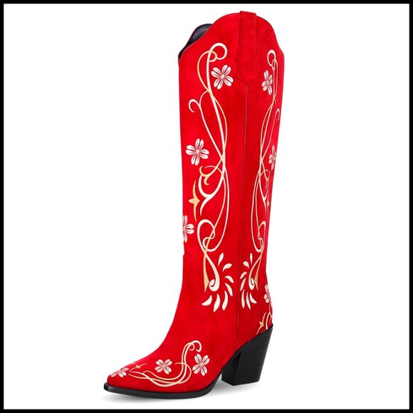Knee High Cowboy Boots Pointed Toe Chunky Heel Floral Embroidery Suede